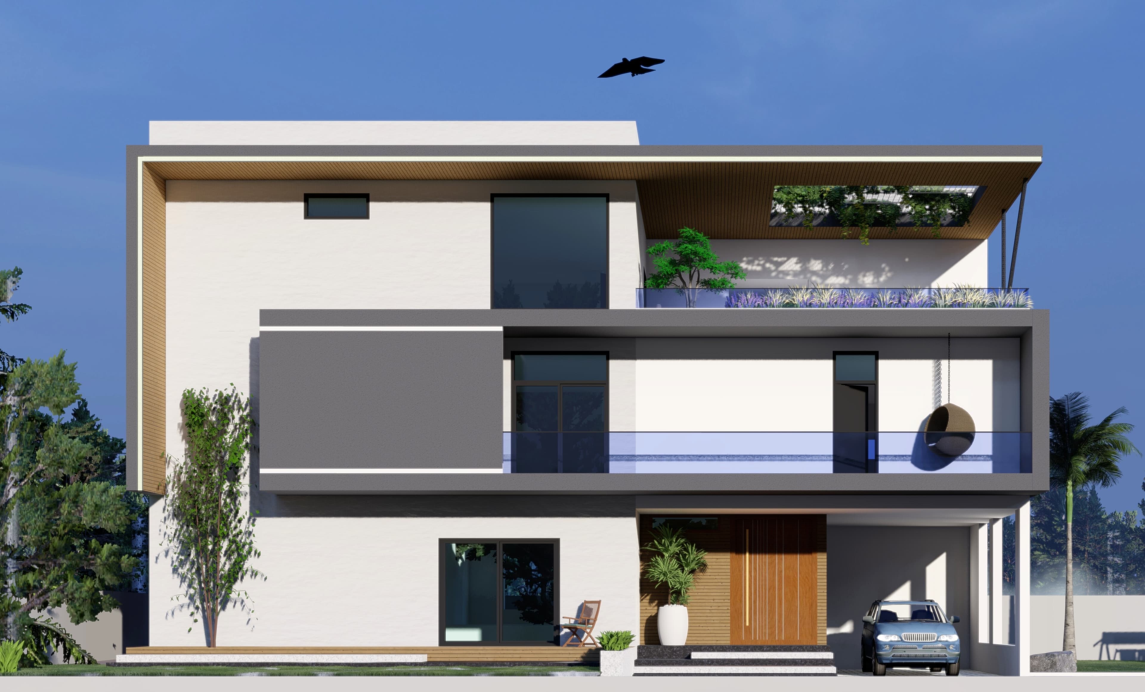 Keshav residence exterior, dusk, with roof deck and arched window