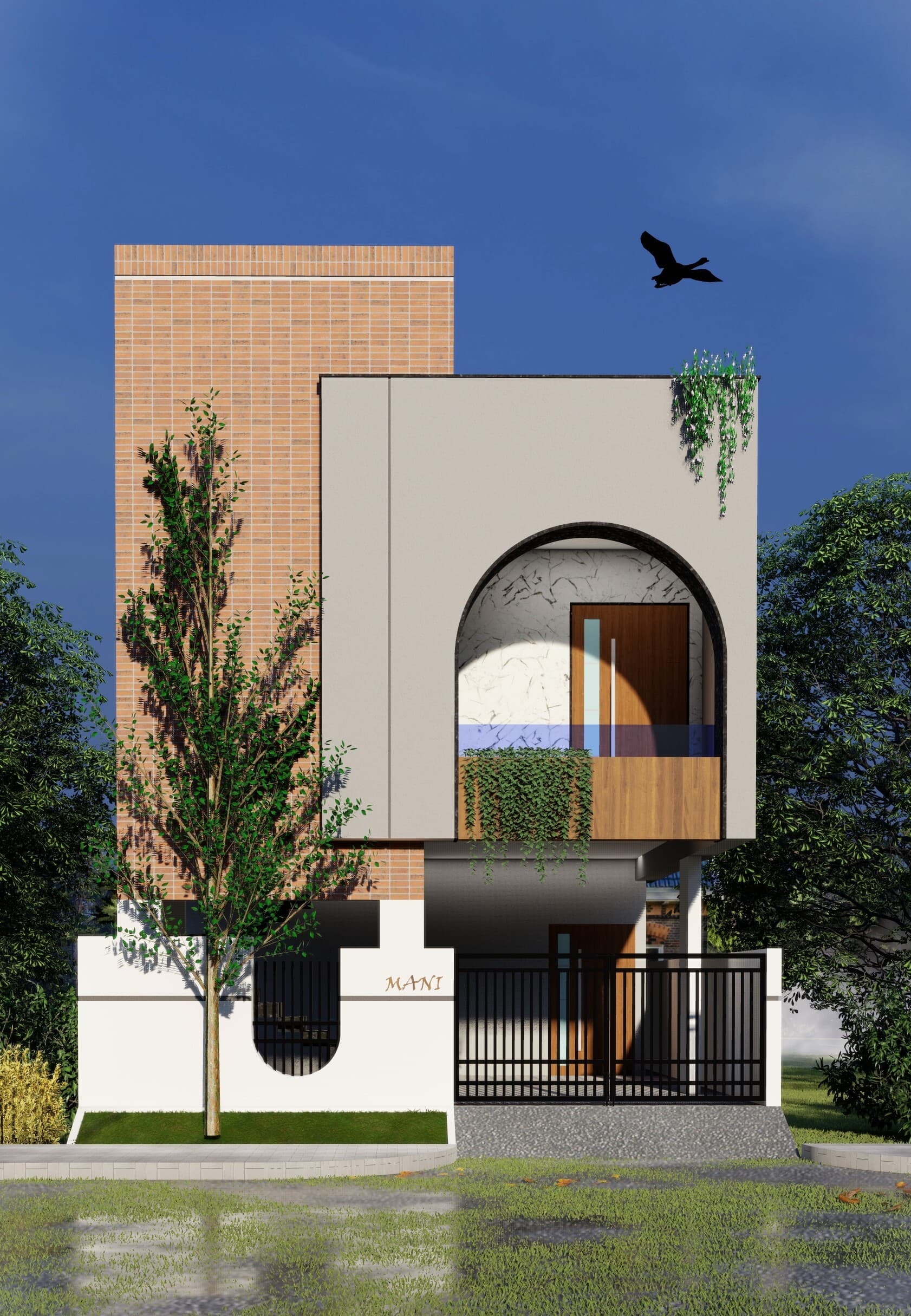 Mani residence exterior with brick cladding and arched entry