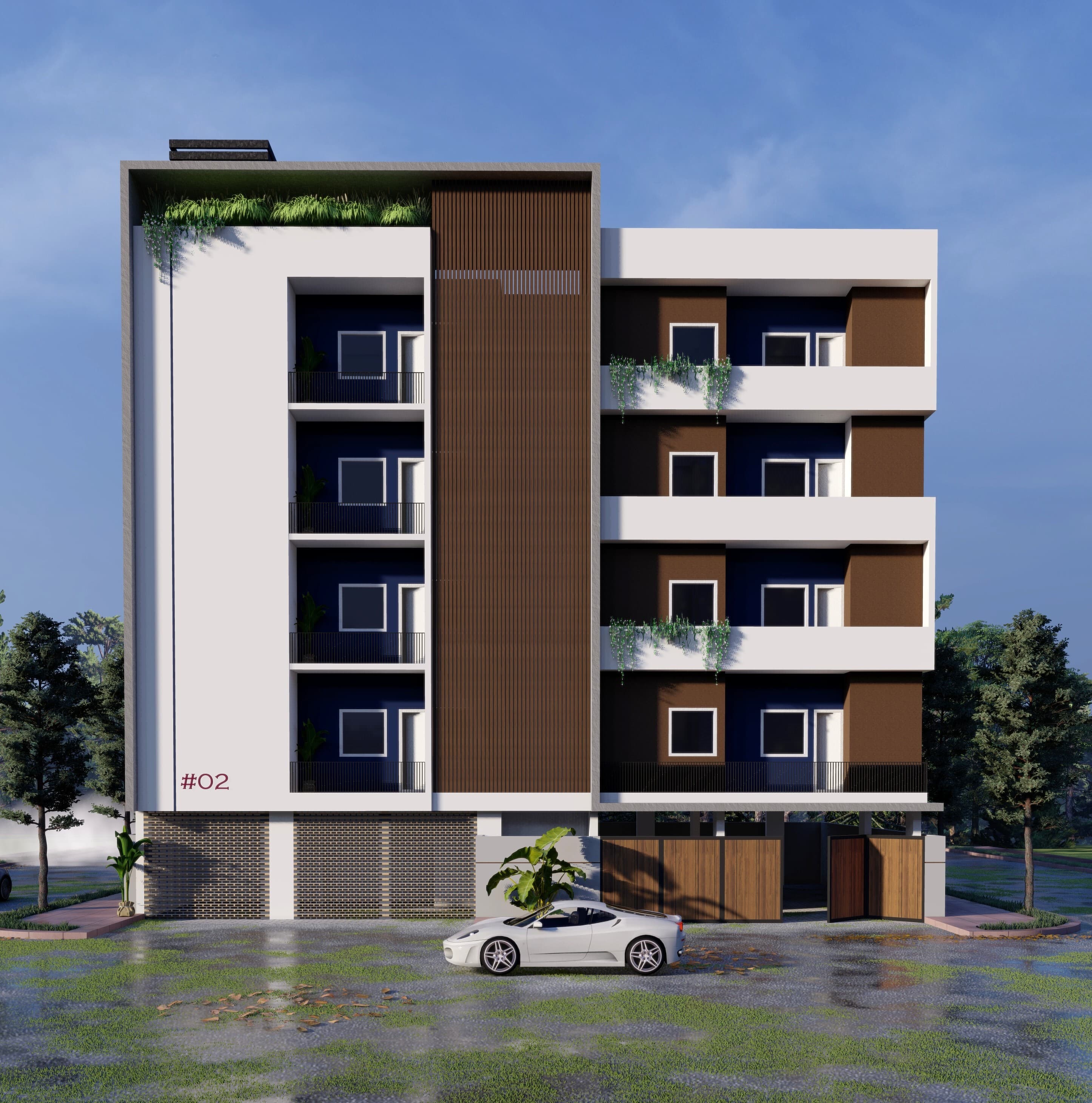 Multi-storey residential building exterior, dusk