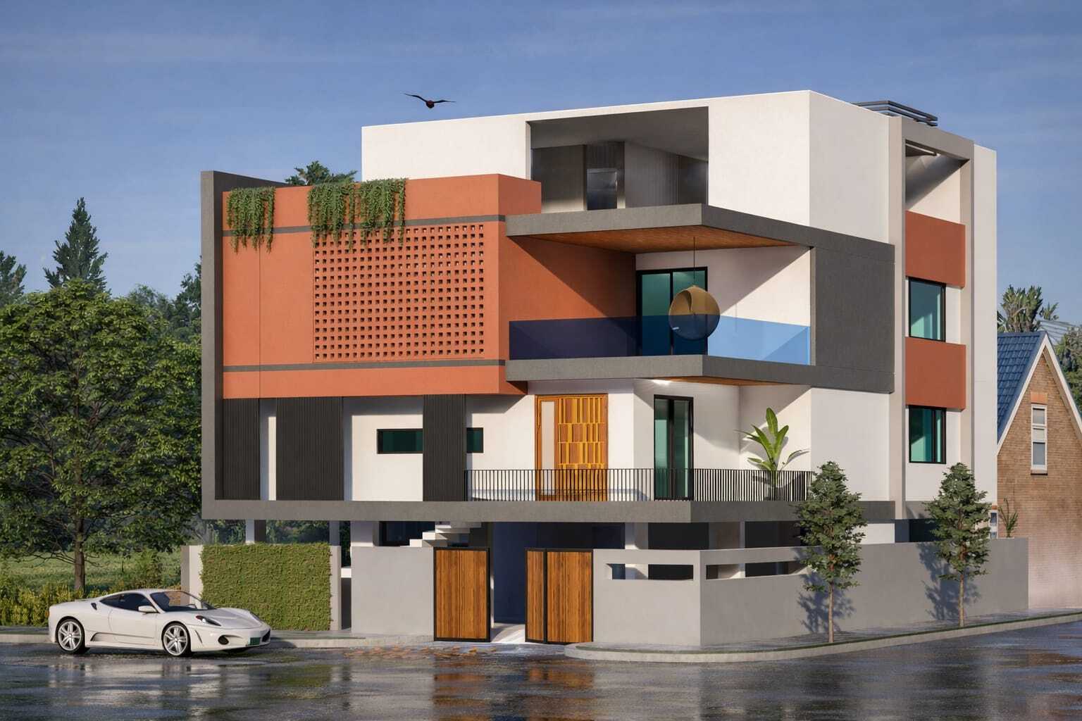 Three-storey residence exterior with perforated screen facade